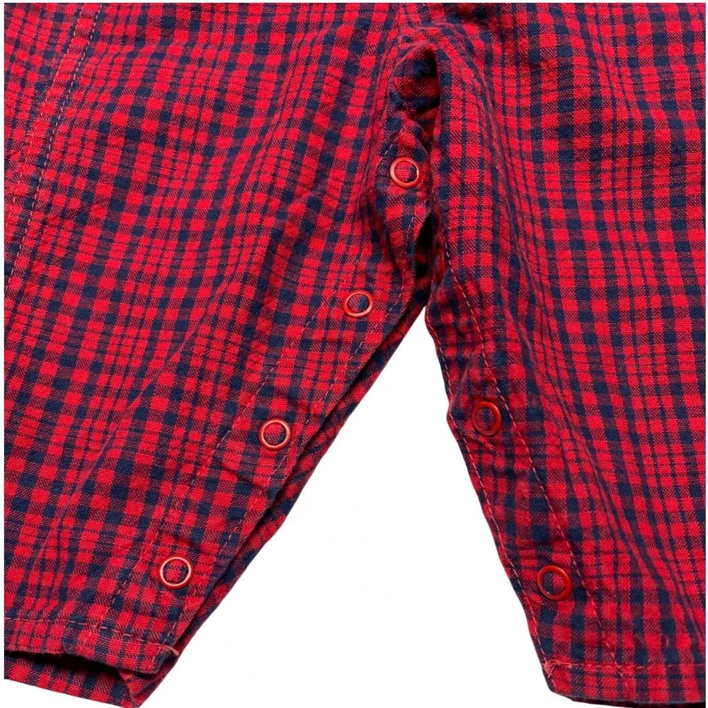 Vintage 90s Baby OshKosh B'Gosh Overalls 12M Red Blue Plaid USA‎ Made Snaps EUC